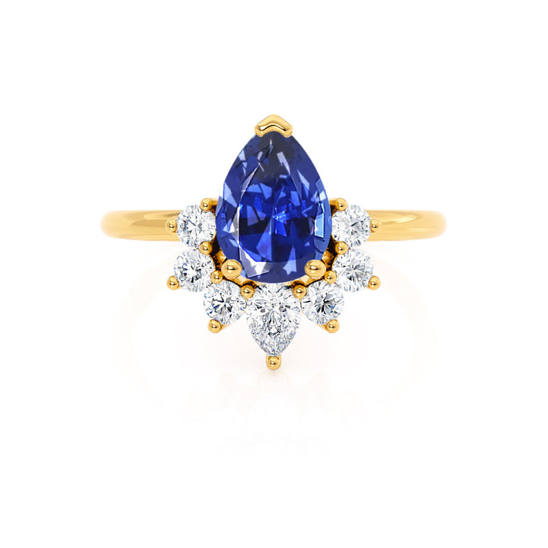 BALLET - Pear Blue Sapphire & Diamond Half Halo Tiara Ring 18k Yellow Gold Engagement Ring Lily Arkwright