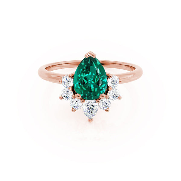 BALLET - Pear Emerald & Diamond Half Halo Tiara Ring 18k Rose Gold Engagement Ring Lily Arkwright