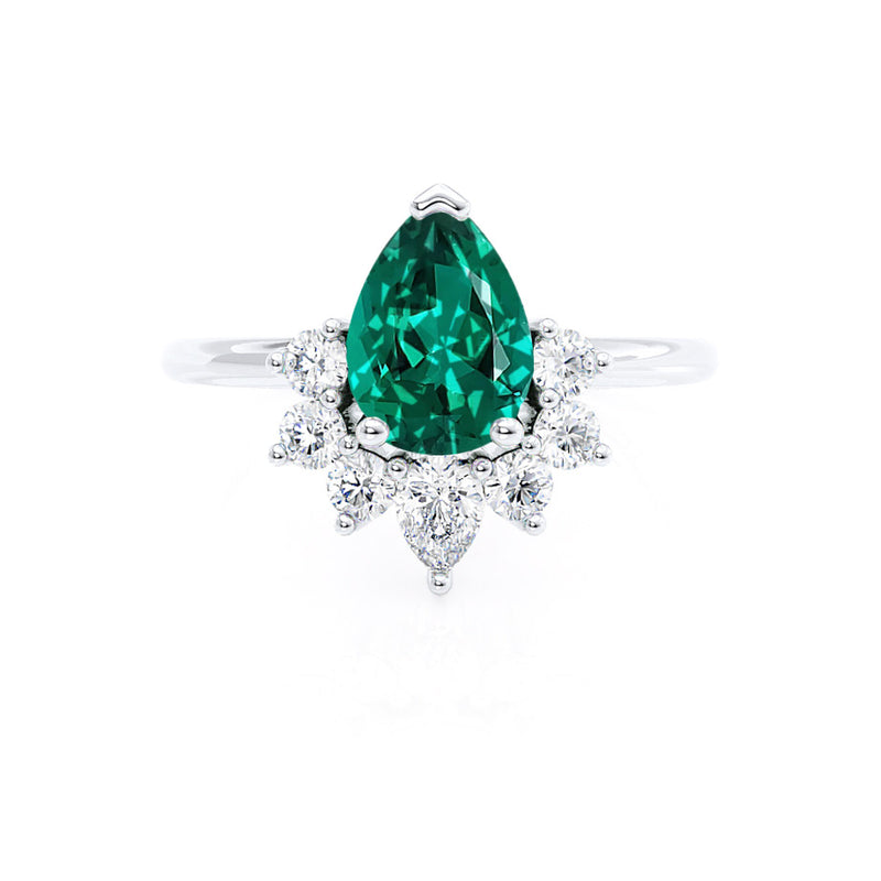 BALLET - Pear Emerald & Diamond Half Halo Tiara Ring Platinum 950 Engagement Ring Lily Arkwright