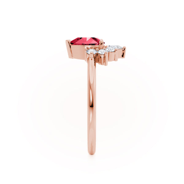BALLET - Pear Ruby & Diamond Half Halo Tiara Ring 18k Rose Gold Engagement Ring Lily Arkwright
