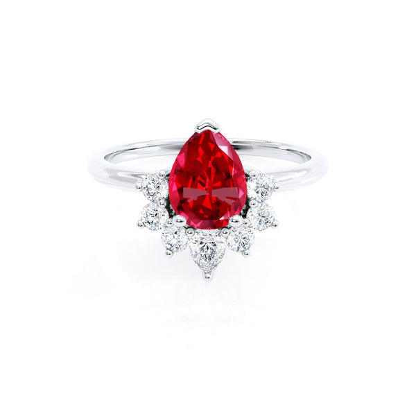 BALLET - Pear Ruby & Diamond Half Halo Tiara Ring 18k White Gold Engagement Ring Lily Arkwright