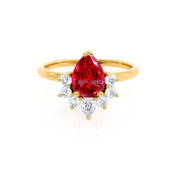 BALLET - Pear Ruby & Diamond Half Halo Tiara Ring 18k Yellow Gold Engagement Ring Lily Arkwright