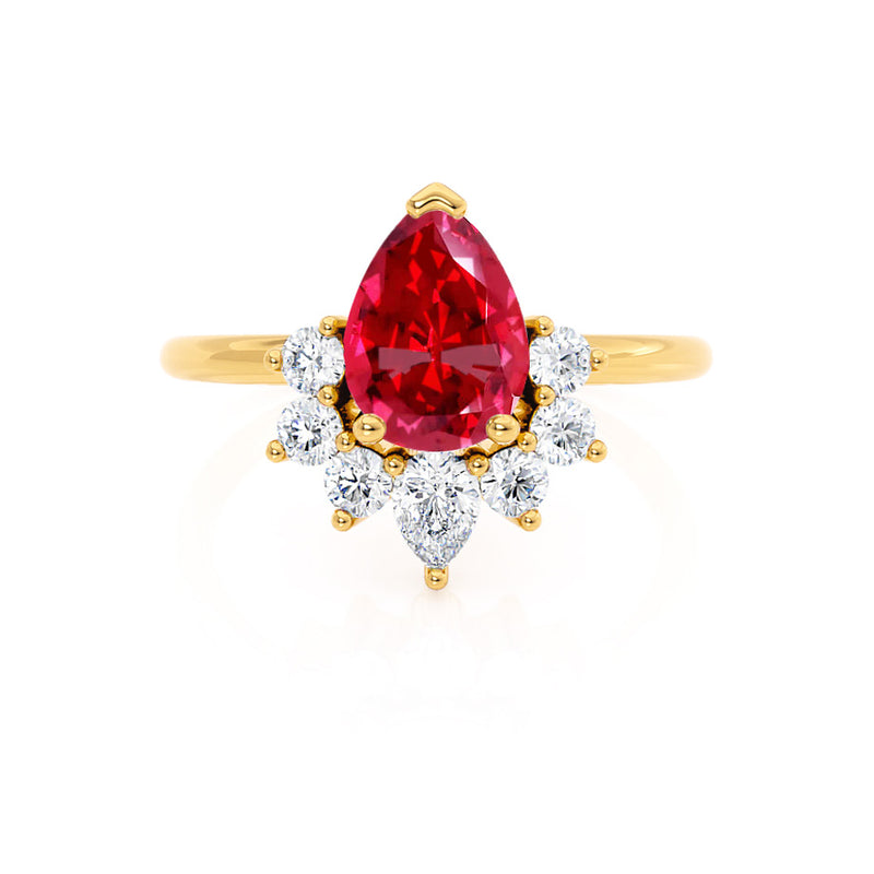 BALLET - Pear Ruby & Diamond Half Halo Tiara Ring 18k Yellow Gold Engagement Ring Lily Arkwright