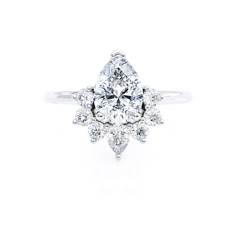 BALLET - Pear Moissanite & Diamond Half Halo Tiara Ring 18k White Gold Engagement Ring Lily Arkwright