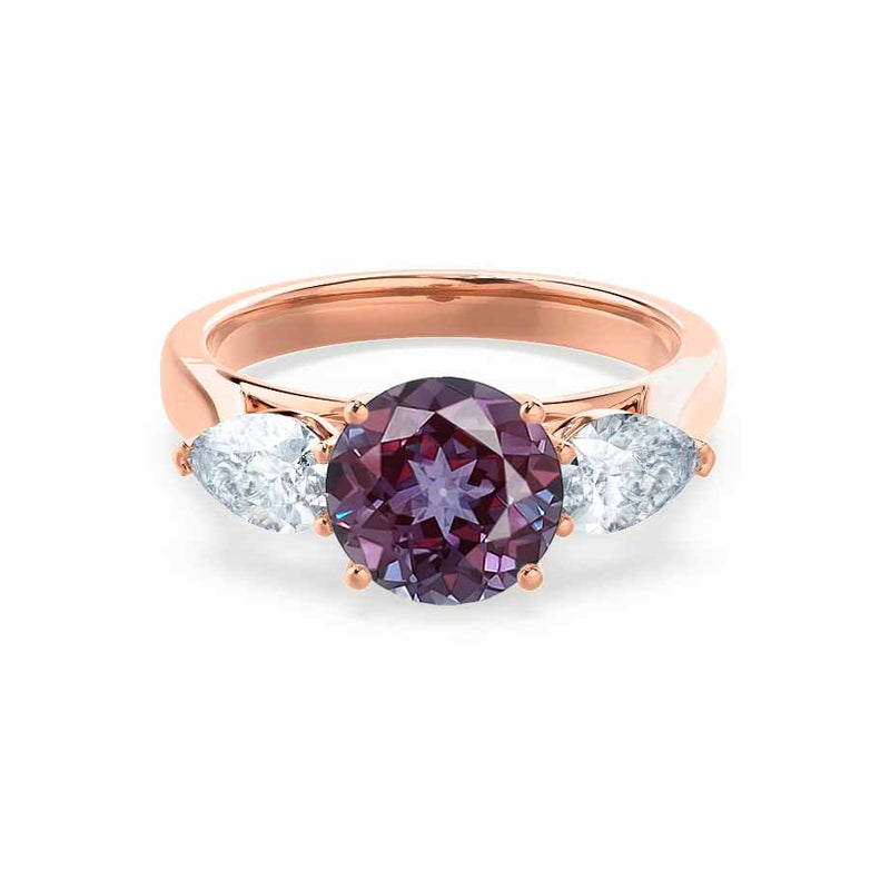 BLOSSOM - Chatham® Round Alexandrite & Pear Cut Lab Diamond 18k Rose Gold Trilogy