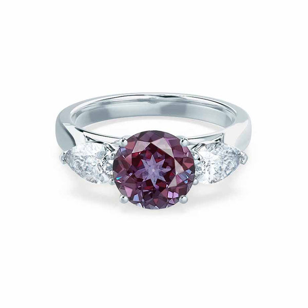 BLOSSOM - Chatham® Round Alexandrite & Pear Cut Lab Diamond 18k White Gold Trilogy