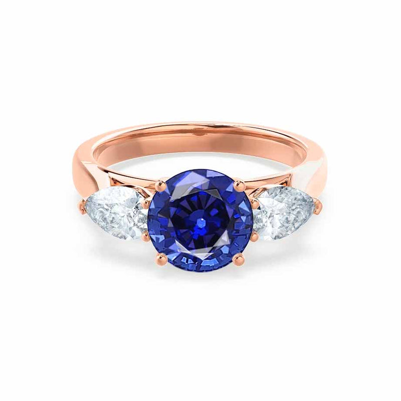 BLOSSOM - Chatham® Round Blue Sapphire & Pear Cut Lab Diamond 18k Rose Gold Trilogy