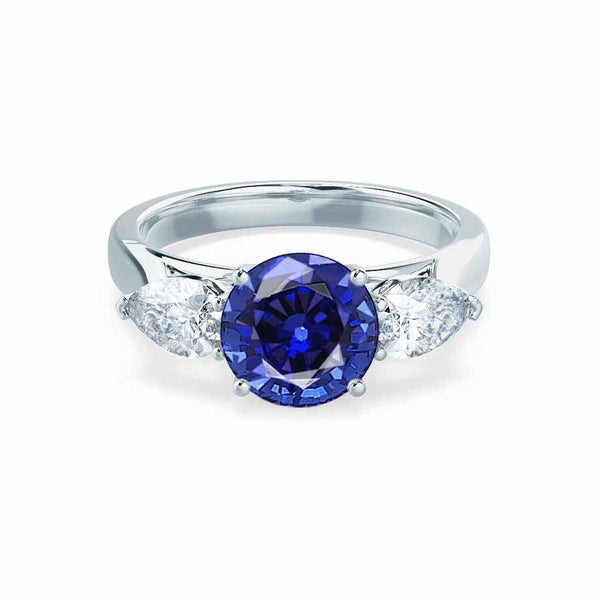 BLOSSOM - Chatham® Round Blue Sapphire & Pear Cut Lab Diamond 18k White Gold Trilogy