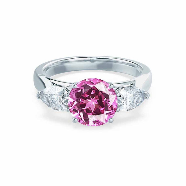 BLOSSOM - Chatham® Round Pink Sapphire & Pear Cut Lab Diamond 18k White Gold Trilogy