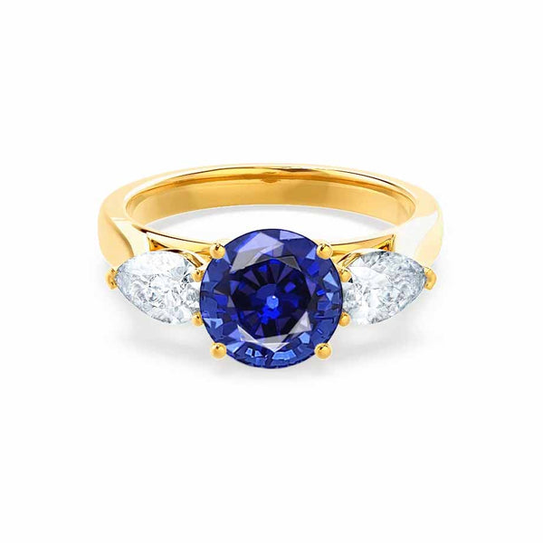 BLOSSOM - Chatham® Round Blue Sapphire & Pear Cut Lab Diamond 18k Yellow Gold Trilogy