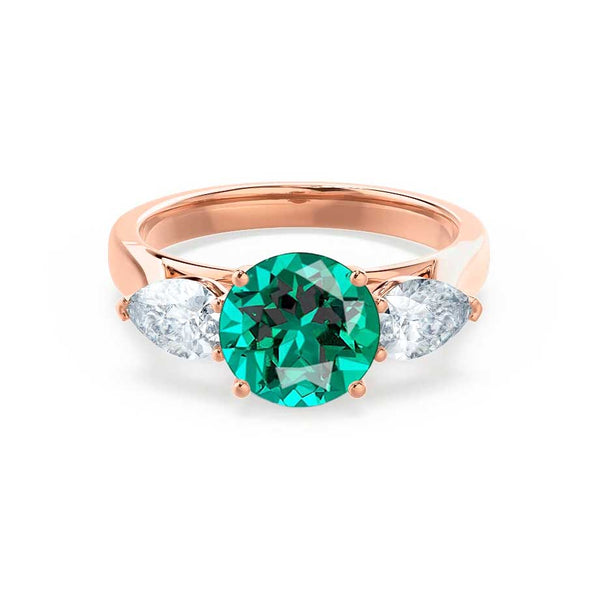 BLOSSOM - Chatham® Round Emerald & Pear Cut Lab Diamond 18k Rose Gold Trilogy