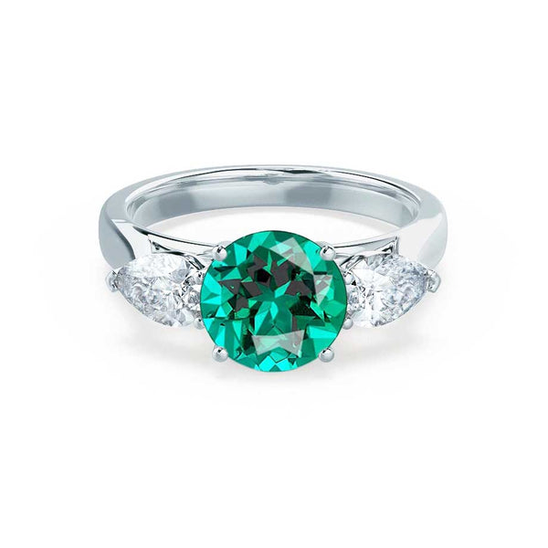 BLOSSOM - Chatham® Round Emerald & Pear Cut Lab Diamond 18k White Gold Trilogy