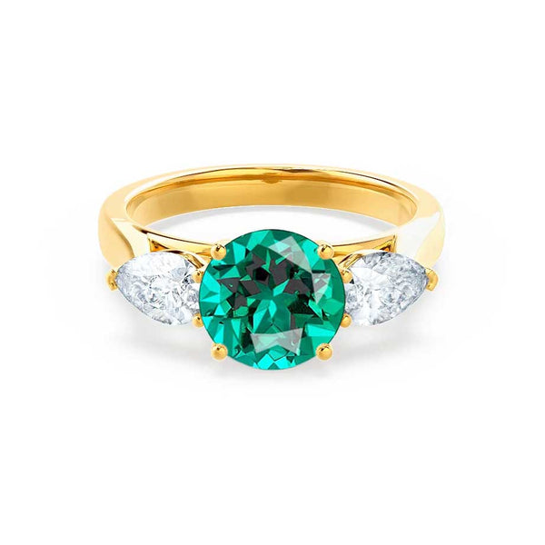 BLOSSOM - Chatham® Round Emerald & Pear Cut Lab Diamond 18k Yellow Gold Trilogy