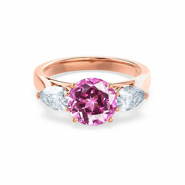 BLOSSOM - Chatham® Round Pink Sapphire & Pear Cut Lab Diamond 18k Rose Gold Trilogy