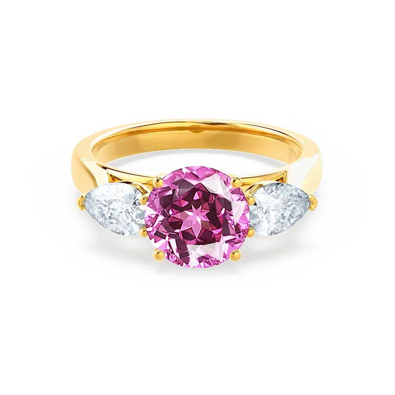 BLOSSOM - Chatham® Round Pink Sapphire & Pear Cut Lab Diamond 18k Yellow Gold Trilogy