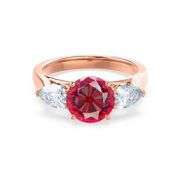 BLOSSOM - Chatham® Round Ruby & Pear Cut Lab Diamond 18k Rose Gold Trilogy