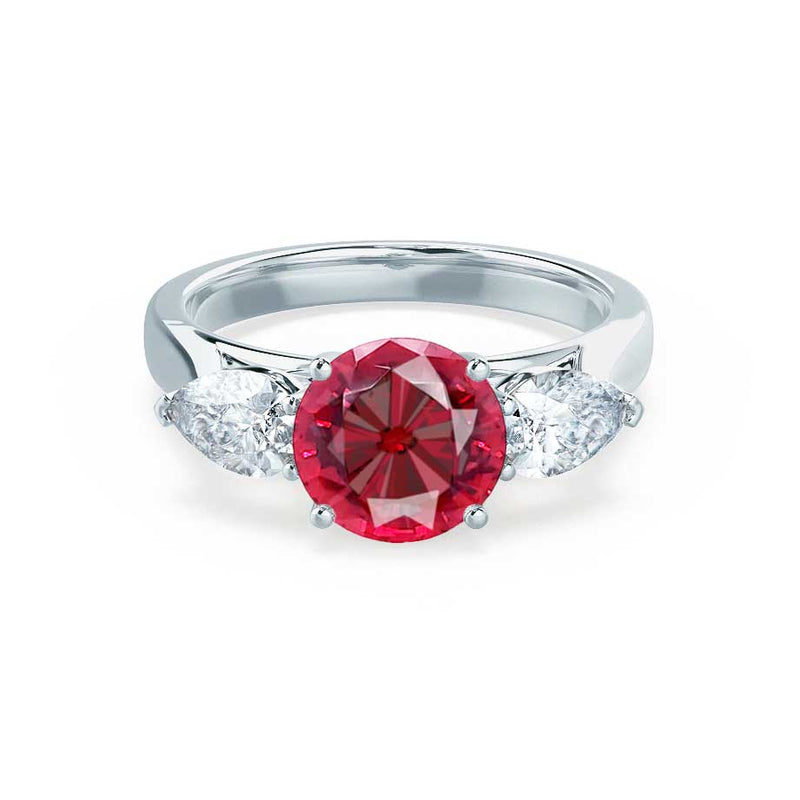 BLOSSOM - Chatham® Round Ruby & Pear Cut Lab Diamond 950 Platinum Trilogy Ring