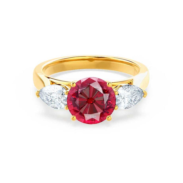 BLOSSOM - Chatham® Round Ruby & Pear Cut Lab Diamond 18k Yellow Gold Trilogy