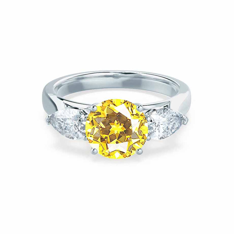 BLOSSOM - Chatham® Round Yellow Sapphire & Pear Cut Lab Diamond 950 Platinum Trilogy Ring