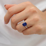 COCO - Chatham® Emerald cut 3.49ct Blue Sapphire and Diamond 950 platinum Petite Hidden Halo Triple Pavé Engagement Ring Lily Arkwright