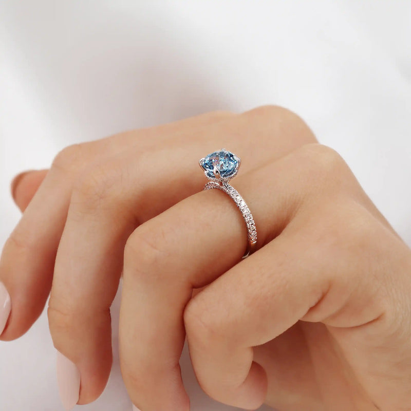 COCO Chatham® lab Round 2.43ct  Aqua Spinel & Diamond 18k White Gold Petite Hidden Halo Triple Pavé Shoulder Set Ring Lily Arkwright 