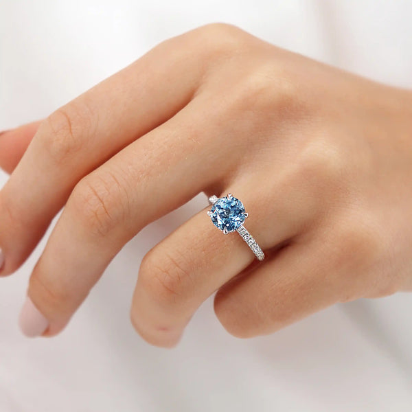 COCO Chatham® Round 2.43 Aqua Spinel & Diamond 18k White Gold Petite Hidden Halo Triple Pavé Shoulder Set Ring Lily Arkwright 