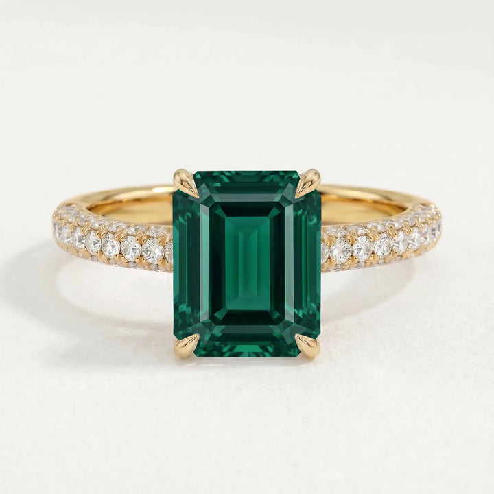 COCO - Emerald & Diamond 18k Yellow Gold Petite Hidden Halo Triple Pavé Ring