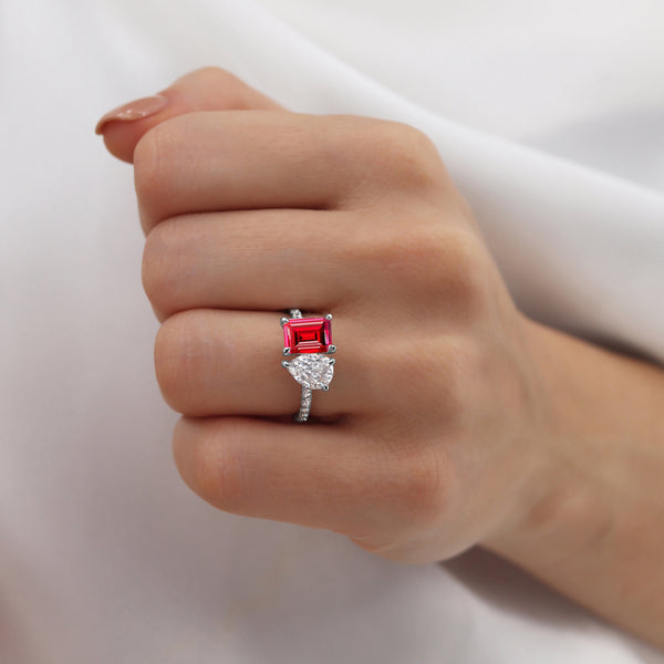 CELESTE - Toi Et Moi Chatham® Ruby Emerald & Lab Diamond Pear Cut Ring 18k White Gold