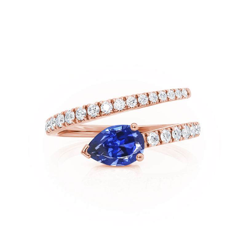 CELESTINE - Chatham® Pear Blue Sapphire Split Shank Ring 18k Rose Gold