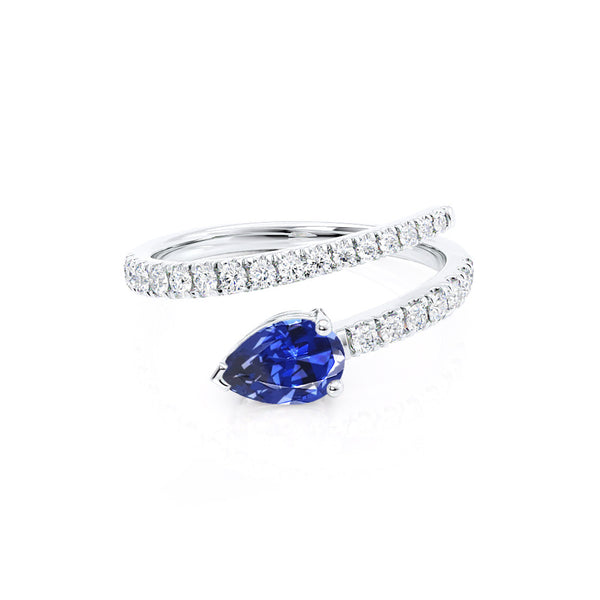 CELESTINE - Chatham® Pear Blue Sapphire Split Shank Ring 18k White Gold