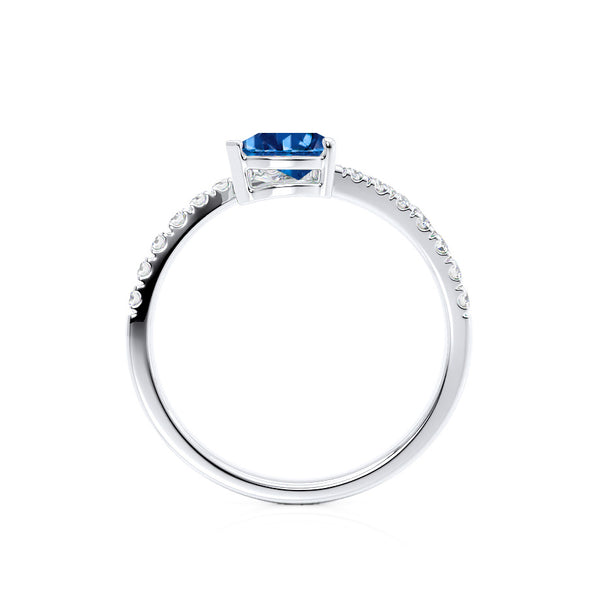 CELESTINE - Chatham® Pear Blue Sapphire Split Shank Ring 18k White Gold