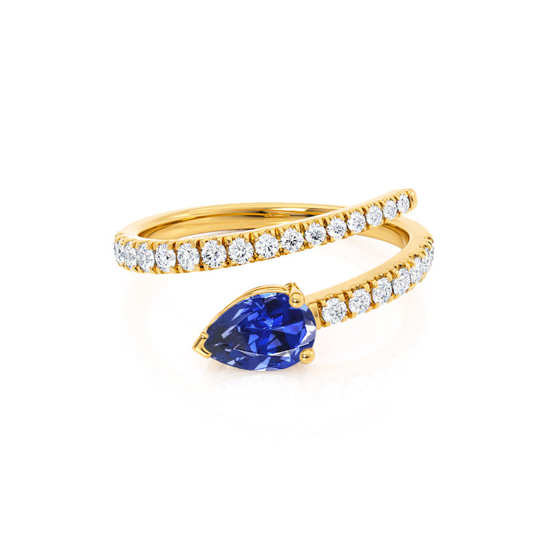 CELESTINE - Chatham® Pear Blue Sapphire Split Shank Ring 18k Yellow Gold