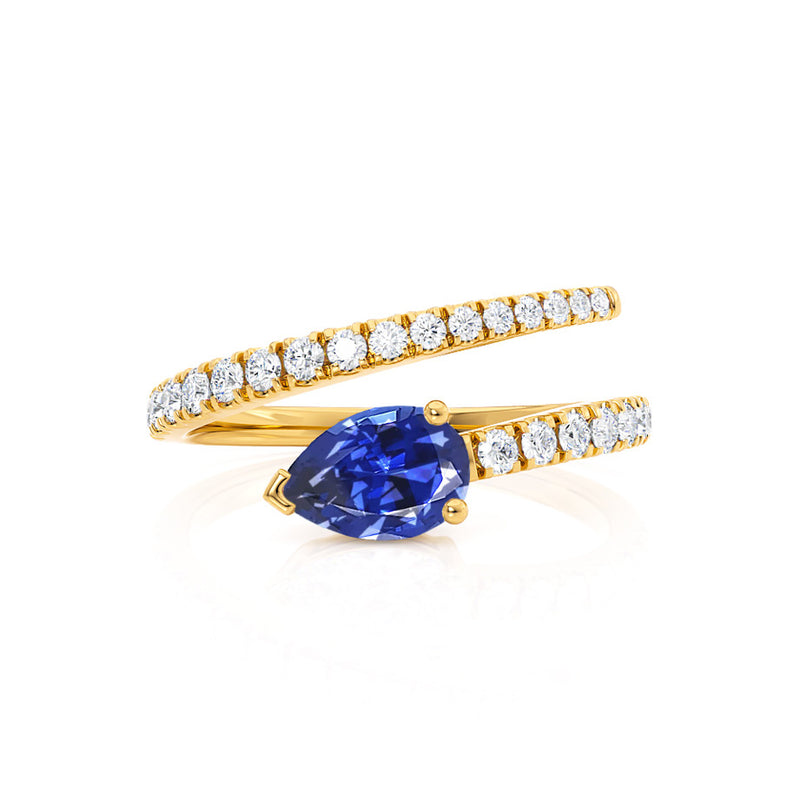 CELESTINE - Chatham® Pear Blue Sapphire Split Shank Ring 18k Yellow Gold