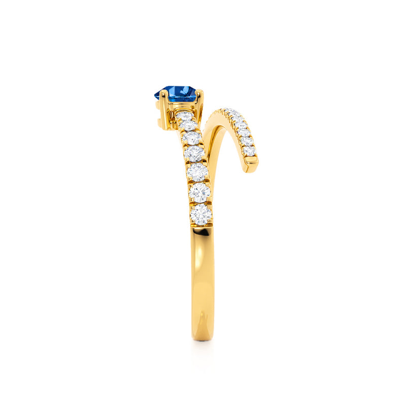 CELESTINE - Chatham® Pear Blue Sapphire Split Shank Ring 18k Yellow Gold