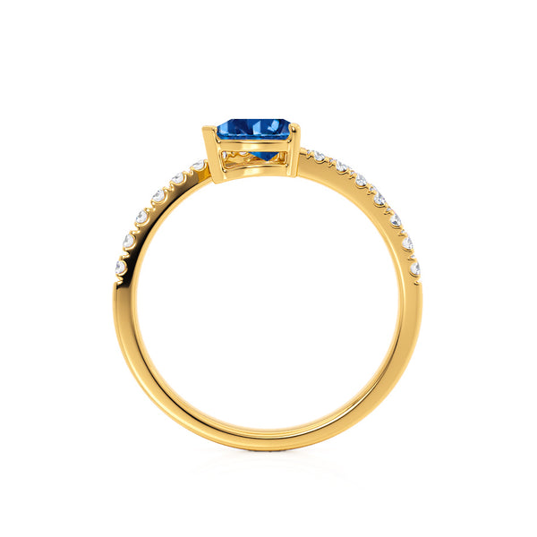 CELESTINE - Chatham® Pear Blue Sapphire Split Shank Ring 18k Yellow Gold