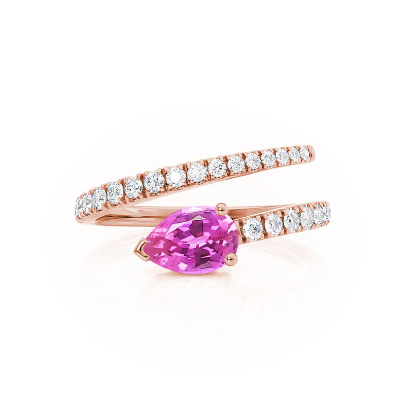 CELESTINE - Chatham® Pear Pink Sapphire Split Shank Ring 18k Rose Gold