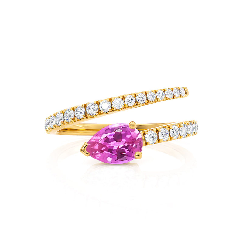 CELESTINE - Chatham® Pear Pink Sapphire Split Shank Ring 18k Yellow Gold