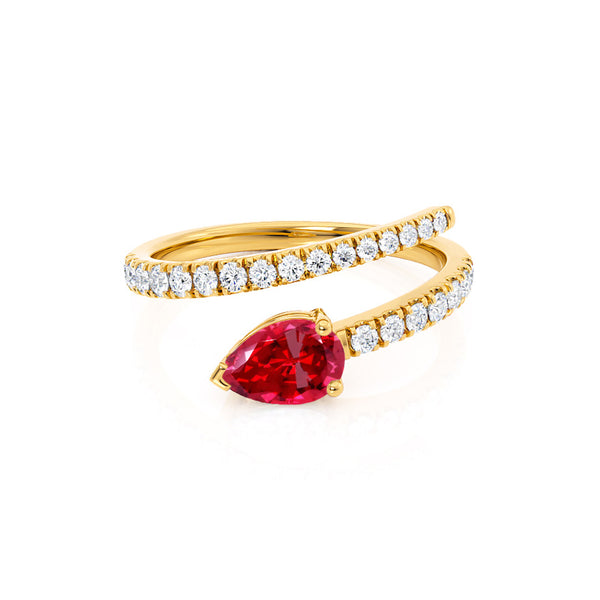 CELESTINE - Chatham® Pear Ruby Split Shank Ring 18k Yellow Gold