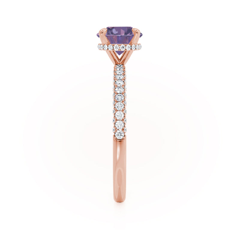 COCO- Round Alexandrite & Diamond 18k Rose Gold Petite Hidden Halo Triple Pavé Shoulder Set Ring Engagement Ring Lily Arkwright