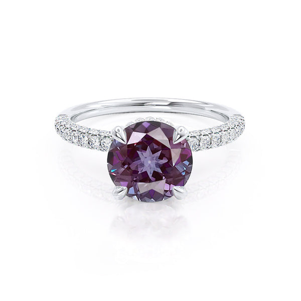 COCO- Round Alexandrite & Diamond 18k White Gold Petite Hidden Halo Triple Pavé Shoulder Set Ring Engagement Ring Lily Arkwright