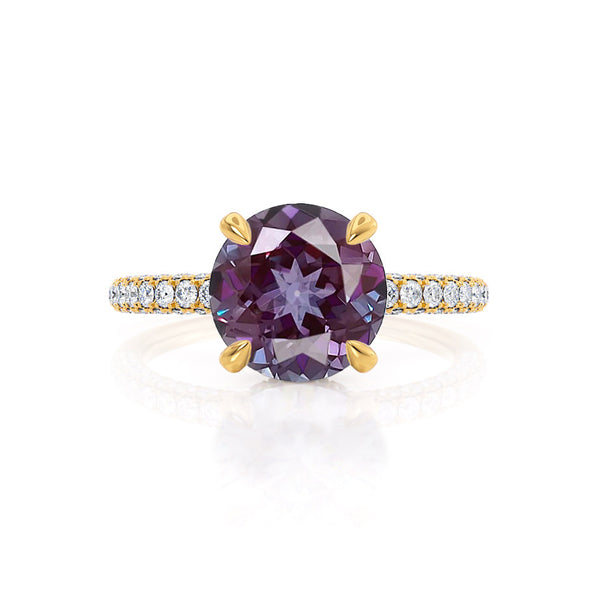 COCO- Round Alexandrite & Diamond 18k Yellow Gold Petite Hidden Halo Triple Pavé Shoulder Set Ring Engagement Ring Lily Arkwright