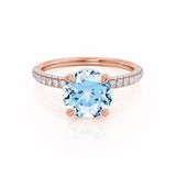 COCO- Round Aqua Spinel & Diamond 18k Rose Gold Petite Hidden Halo Triple Pavé Shoulder Set Ring Engagement Ring Lily Arkwright