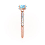 COCO- Round Aqua Spinel & Diamond 18k Rose Gold Petite Hidden Halo Triple Pavé Shoulder Set Ring Engagement Ring Lily Arkwright