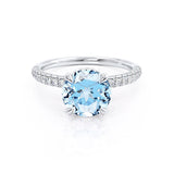 COCO- Round Aqua Spinel & Diamond 18k White Gold Petite Hidden Halo Triple Pavé Shoulder Set Ring Engagement Ring Lily Arkwright