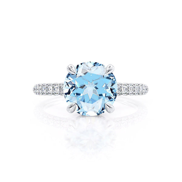 COCO- Round Aqua Spinel & Diamond 18k White Gold Petite Hidden Halo Triple Pavé Shoulder Set Ring Engagement Ring Lily Arkwright