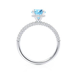 COCO- Round Aqua Spinel & Diamond 950 Platinum Petite Hidden Halo Triple Pavé Shoulder Set Ring Engagement Ring Lily Arkwright