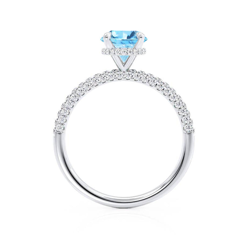 COCO- Round Aqua Spinel & Diamond 950 Platinum Petite Hidden Halo Triple Pavé Shoulder Set Ring Engagement Ring Lily Arkwright