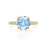 COCO- Round Aqua Spinel & Diamond 18k Yellow Gold Petite Hidden Halo Triple Pavé Shoulder Set Ring Engagement Ring Lily Arkwright