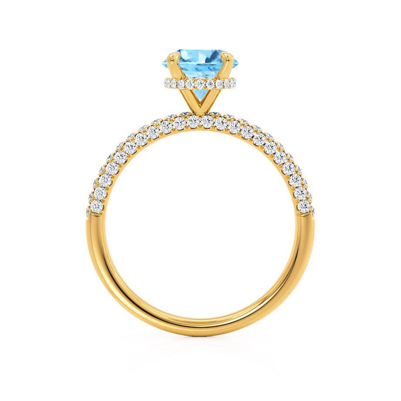 COCO- Round Aqua Spinel & Diamond 18k Yellow Gold Petite Hidden Halo Triple Pavé Shoulder Set Ring Engagement Ring Lily Arkwright