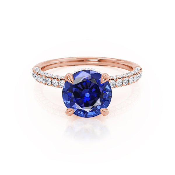 COCO- Round Blue Sapphire & Diamond 18k Rose Gold Petite Hidden Halo Triple Pavé Shoulder Set Ring Engagement Ring Lily Arkwright